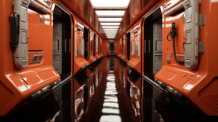 a long hallway with doors and a shiny floorの素材