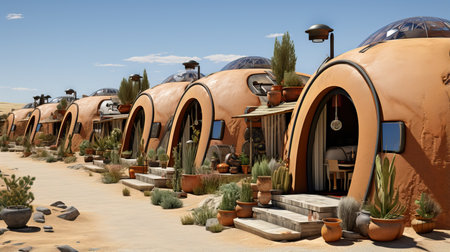 a row of round buildings with plants and a blue skyの素材
