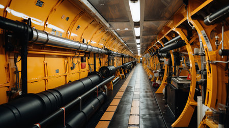 a yellow tunnel with black pipesの素材