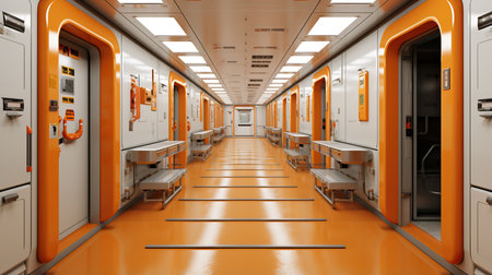a long corridor with orange doorsの素材