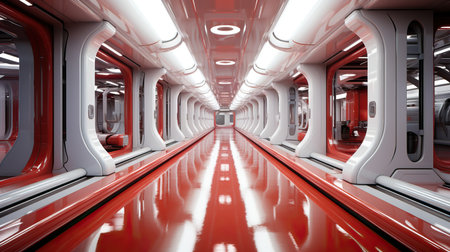 a long hallway with red and white wallsの素材