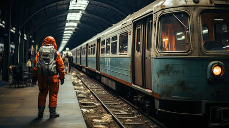 a person standing next to a trainの素材