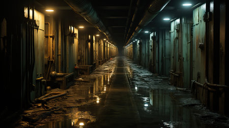 a wet hallway with pipes and lightsの素材