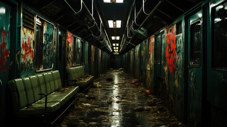 a hallway with a dirty floor and benchesの素材