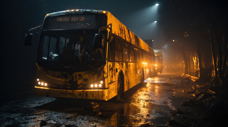 a bus parked on a wet roadの素材