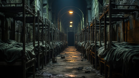 a dark room with bunk bedsの素材