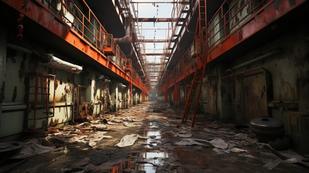 a dirty hallway with red ladders and dirty wallsの素材