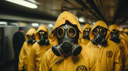 a group of people wearing gas masksの素材
