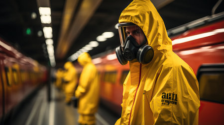a man in yellow hazmat suit with face maskの素材