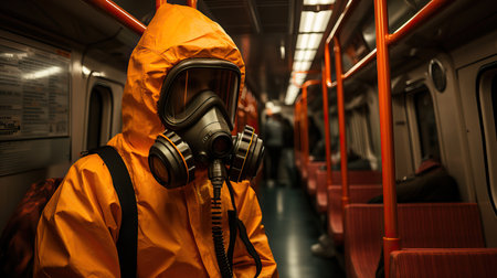a person in a gas mask and goggles on a busの素材