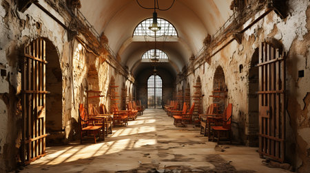 a room with chairs and a windowの素材