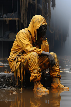 a man in a yellow raincoat sitting in a puddleの素材