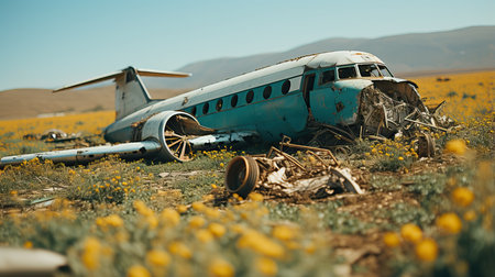 an old airplane in a field of flowersの素材