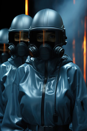 a group of people wearing gas masksの素材