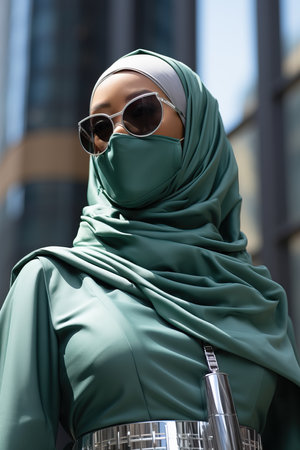 a woman wearing a face mask and sunglassesの素材