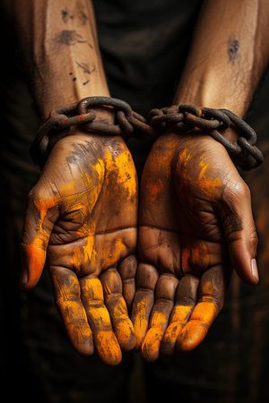 hands covered in orange paint and a chainの素材