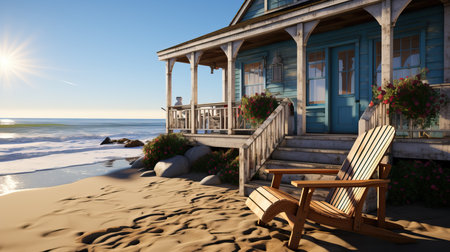 a beach house with a chair on the beachの素材