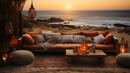 a couch on a beach with a sunsetの素材