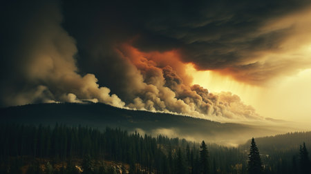 a forest fire with smoke coming out of the mountainsの素材