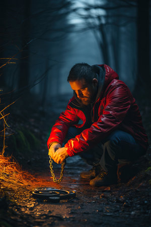 a man kneeling in the woods with a chainの素材