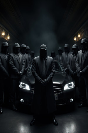 a group of people in black masks standing in front of a carの素材