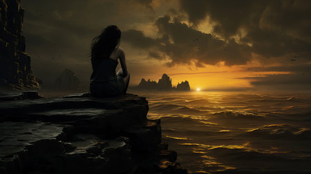 a woman sitting on a rock looking at the sunsetの素材