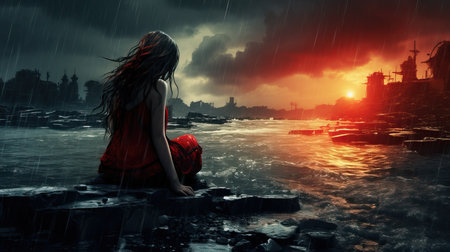 a woman sitting on rocks in the rainの素材