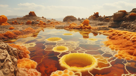 a body of water with orange and yellow rocksの素材