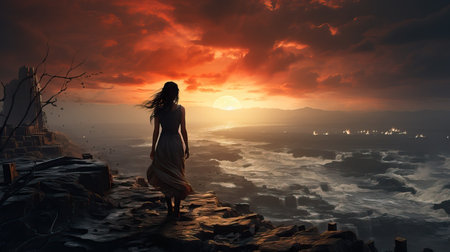 a woman standing on a rock looking at the sunsetの素材