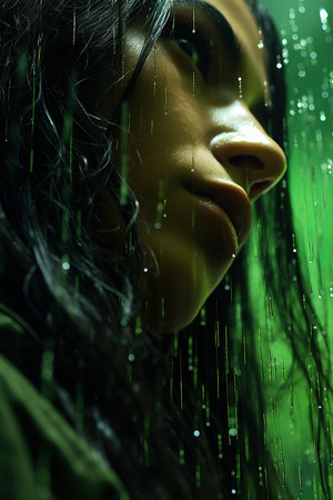 a woman with wet hair looking downの素材