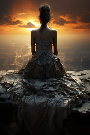 a woman in a long dress sitting on a rock looking at a cityの素材