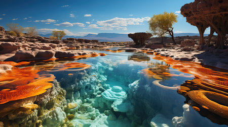 a rocky landscape with a blue sky and cloudsの素材