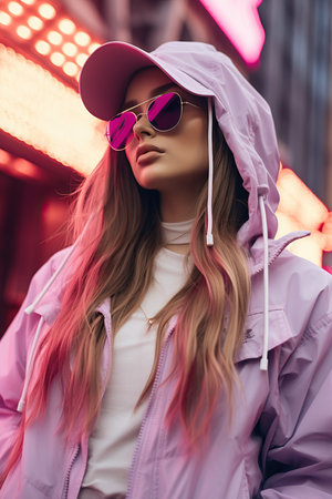 a woman wearing a pink jacket and sunglassesの素材