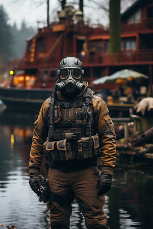 a man wearing a gas mask and a vest standing in front of a body of waterの素材