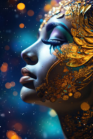 a woman with gold and blue makeupの素材