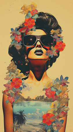 a woman with sunglasses and flowers around her headの素材