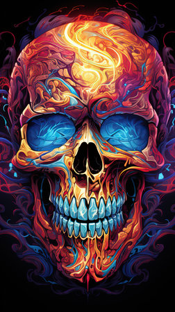 a colorful skull with blue and red and pink patternsの素材