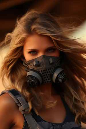 a woman wearing a gas maskの素材