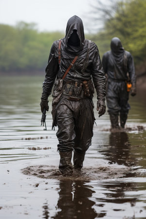 a man in a mask walking in waterの素材