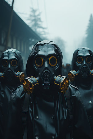 a group of people wearing gas masksの素材
