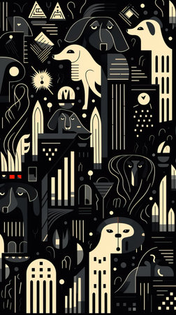 a pattern of dogs and buildingsの素材