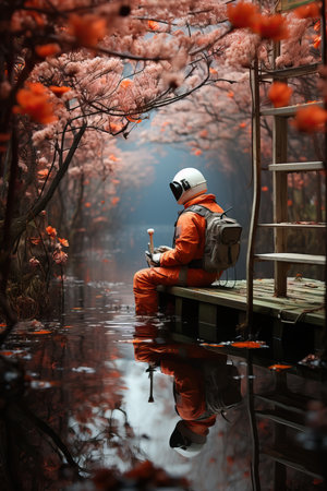 a person sitting on a dock in waterの素材