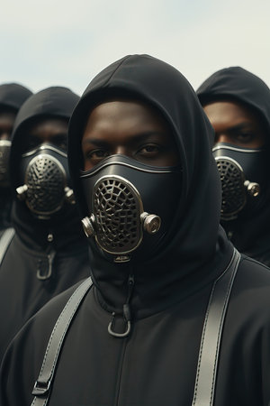 a group of people wearing masksの素材