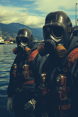 a couple of people wearing gas masksの素材