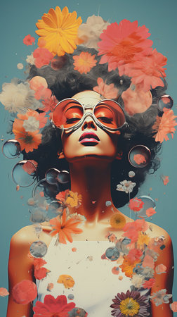 a woman wearing sunglasses and flowersの素材