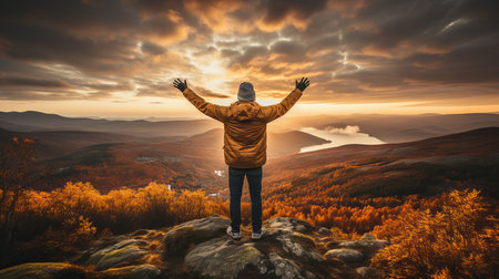 a person standing on a rock with arms raised looking at a valleyの素材