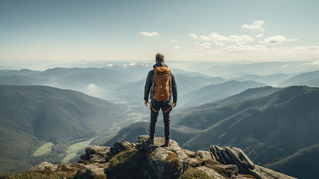 a man standing on a rock looking at a valleyの素材