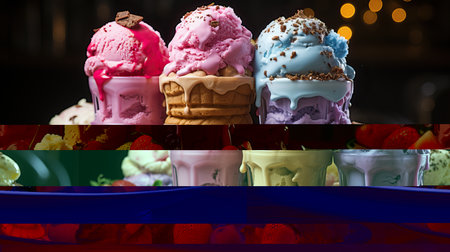 a plate of ice cream cones and fruitの素材