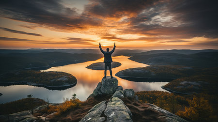 a man standing on a rock with arms raised on top of a mountain with water and hillsの素材