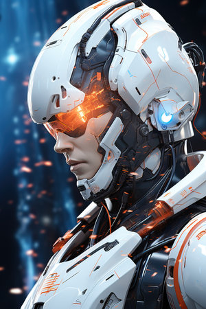 a man wearing a white and orange robot suitの素材